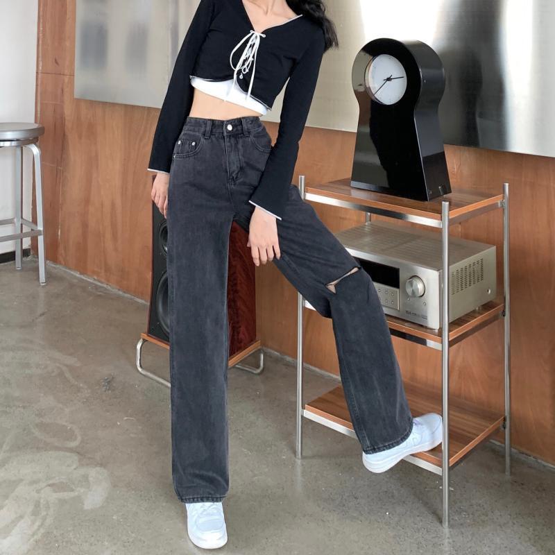 Xiaozhainv Quần Denim Nữ Lưng Cao Rách Gối Cá Tính Phong Cách Hàn Quốc