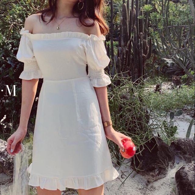 XẢ SỐC Đầm trễ vai viền xếp li tay bo Tuyết's House