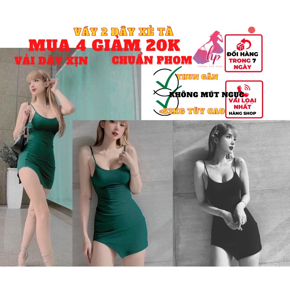 Váy đầm nữ hai dây ôm body xẻ tà cực sexy chất thun gân màu đen dự tiệc sang chảnh -mã VD116