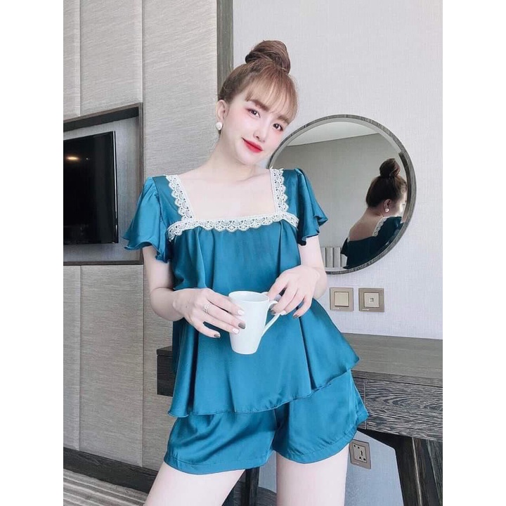 Đồ Bộ Mặc Nhà Nữ quần đùi vải Lụa Satin Phối Ren Freesize dưới 58kg * Đồ ngủ sexy
