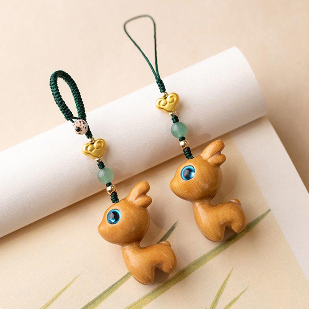 Móc Khóa Xe Hơi Điện Thoại Bằng Gỗ Đàn Hương Họa Tiết Hươu Lấp Lánh