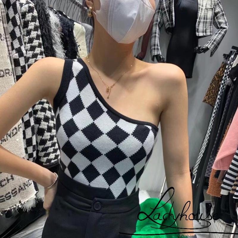 Áo Croptop Hai Dây Dệt Kim Hở Một Bên Vai Họa Tiết Kim Cương Cho Nữ