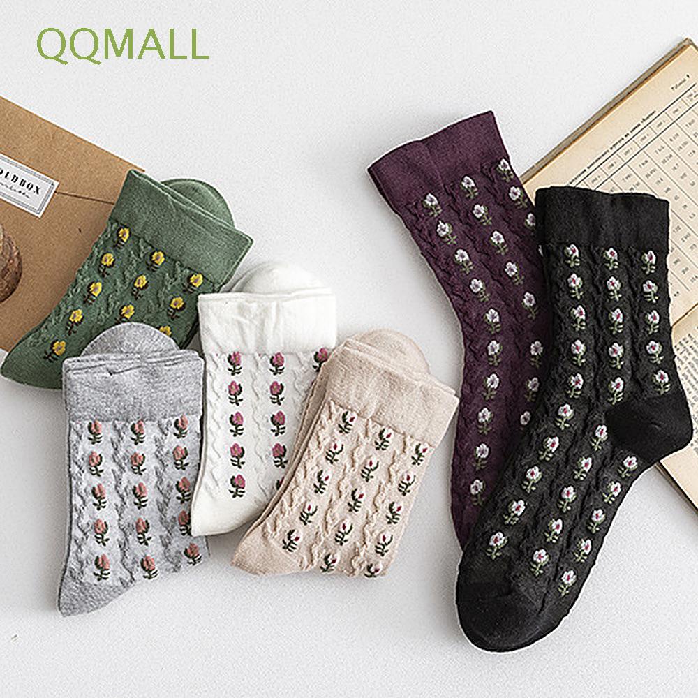 Vớ Cotton Dệt Kim Cổ Trung In Họa Tiết Hoa Phong Cách Harajuku Nhật Bản Dễ Thương Cho Nữ
