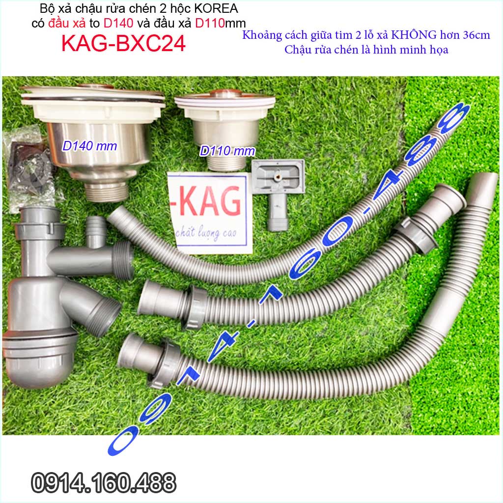 Bộ xả chậu rửa chén 1 hộc lớn 1 hộc nhỏ KAG-BXC24, trọn bộ xả bồn rửa chén bát 2 hộc lệch D110-D140 thoát nhanh sử d