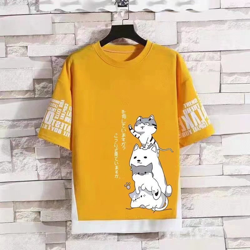 Set áo thun tay ngắn cổ tròn in hình mèo và quần đùi thời trang dành cho nam