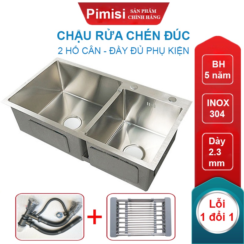 Chậu Rửa Bát Inox 304 Pimisi PR-8245L Đúc 2 Hố Lệch Kích Thước 7843-8245cm, Xi Phông Rổ Đựng, Gắn Âm
