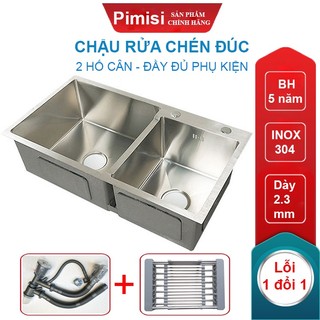 Chậu rửa bát inox 304 pimisi đúc 2 hố lệch kích thước 7843-8245cm, xi phông rổ đựng ống to gắn âm bàn đá| chính hãng