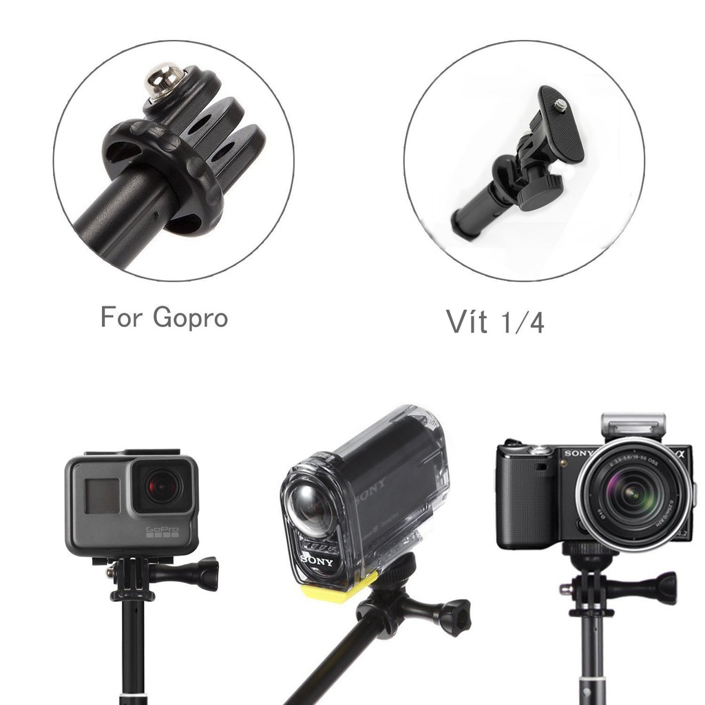 Gậy chụp ảnh, gậy selfie 755mm - 930mm có vít 1/4 cho Gopro, SJcam, Eken