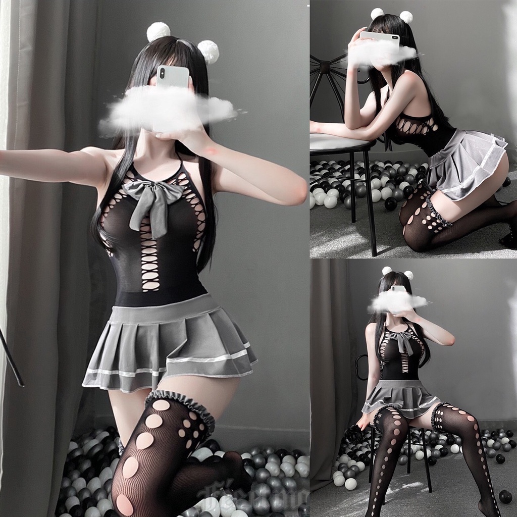 Đồ ngủ Cosplay FREE SHIP Costume hóa trang thun lưới bó sát học sinh chân váy xám