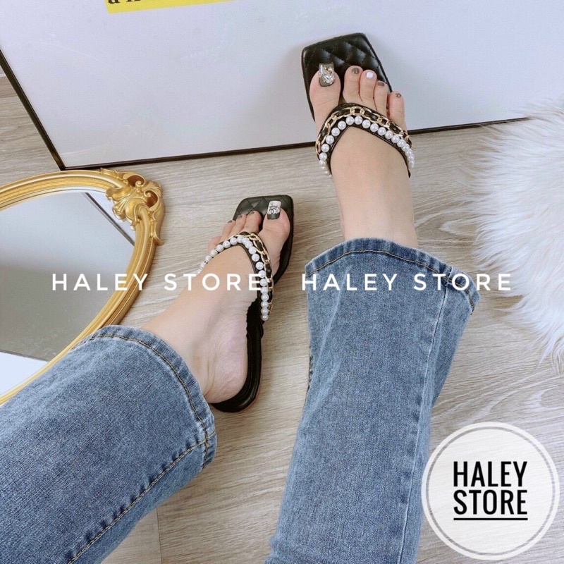 Dép nữ bệt HALEY STORE kẹp xỏ ngón mũi vuông may chỉ chần ô đính ngọc đính xích thời trang phong cách xịn đẹp bền rẻ
