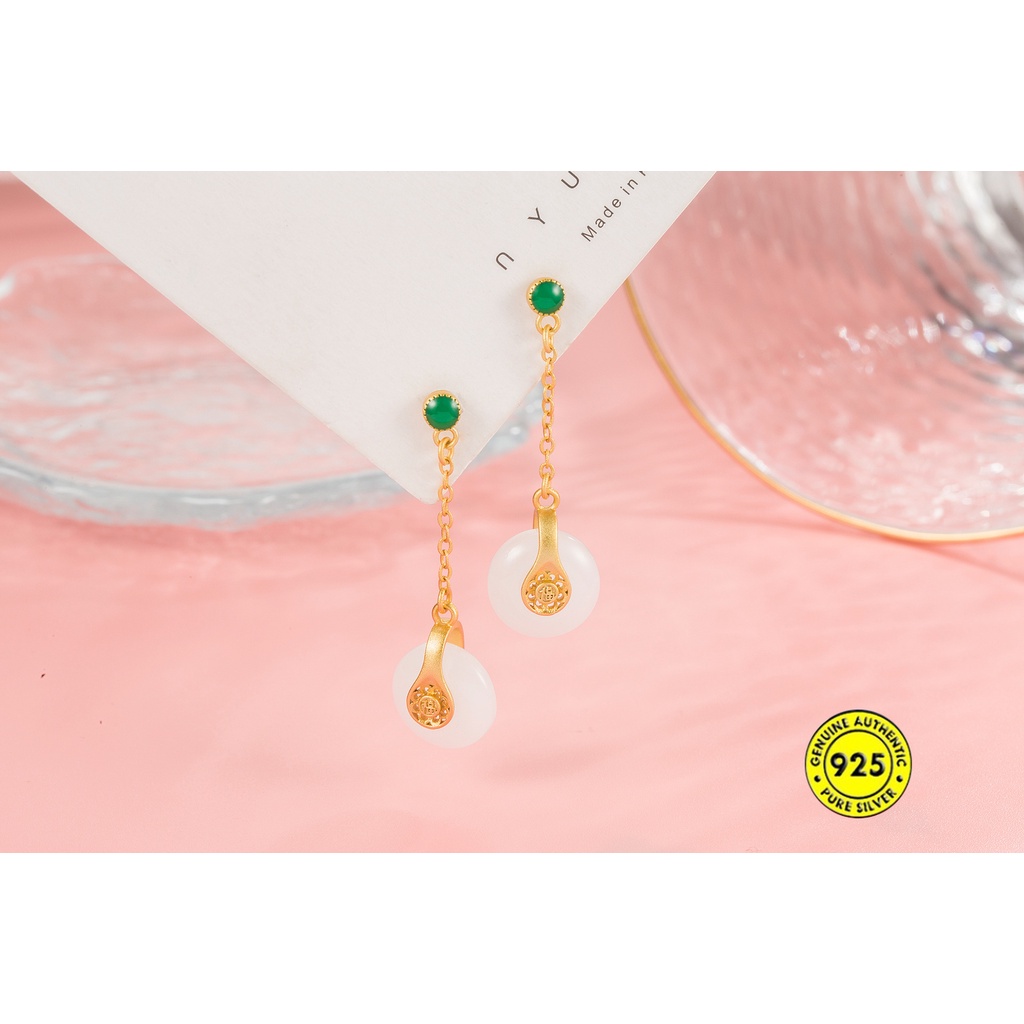 Bông Tai Đính Ngọc Bích Trắng Phong Cách Trung Quốc Cổ Điển Cho Nữ