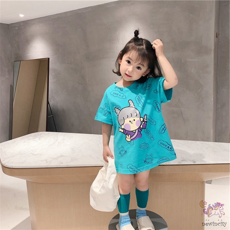 Đầm thun tay ngắn in họa tiết hoạt hình phong cách Hàn Quốc cho bé gái