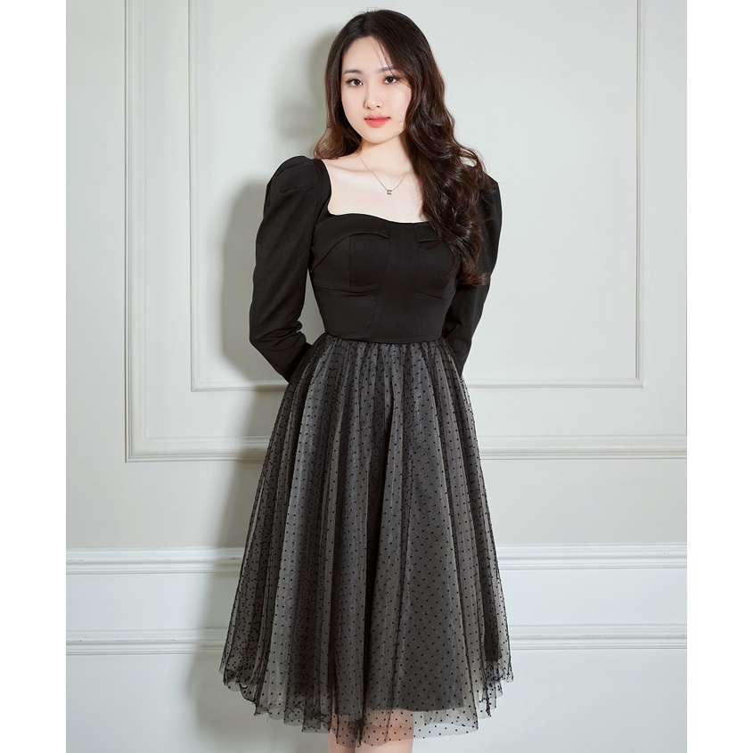 Đầm xòe LOLEM Clothing nữ cổ vuông chất umi dáng dài chân phối lưới tay dài xinh đẹp - Dx279
