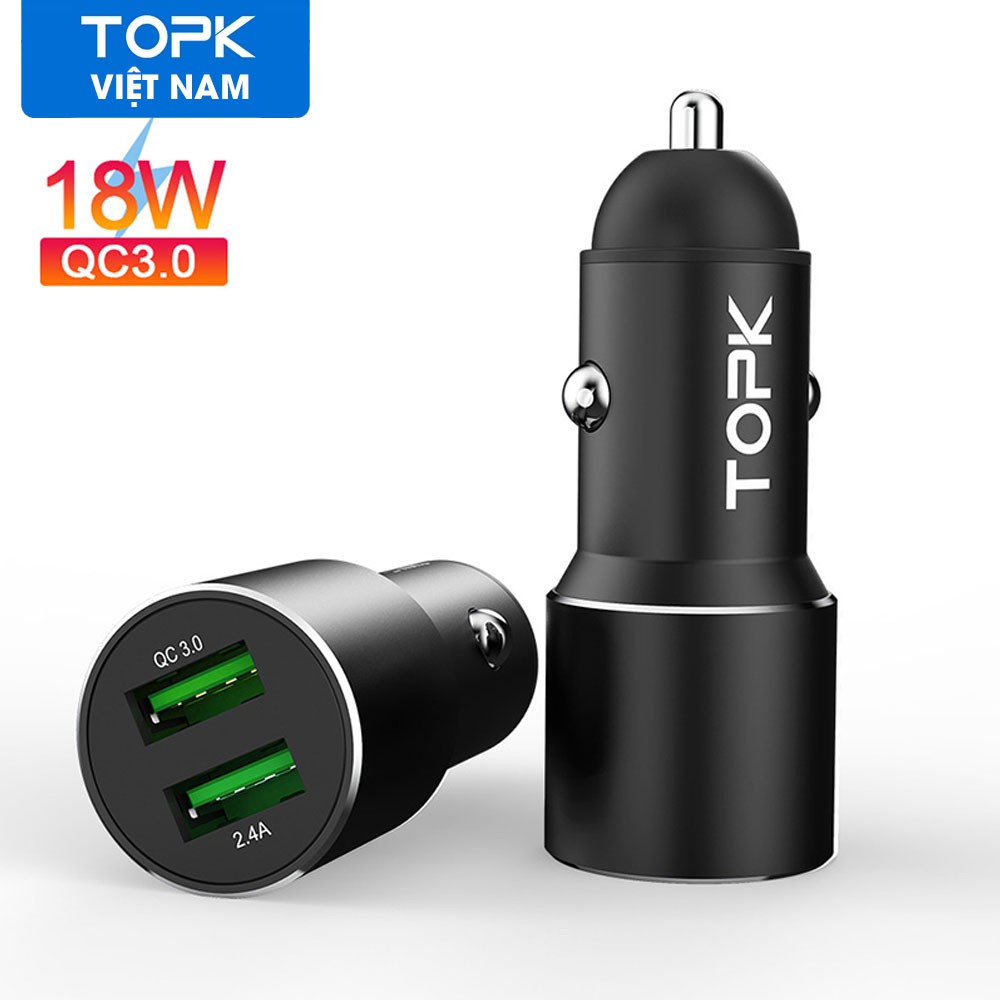 Tẩu sạc xe hơi TOPK G207Q hai cổng USB, sạc nhanh 3.0 cho iPhone, Samsung, Xiaomi, Huawei