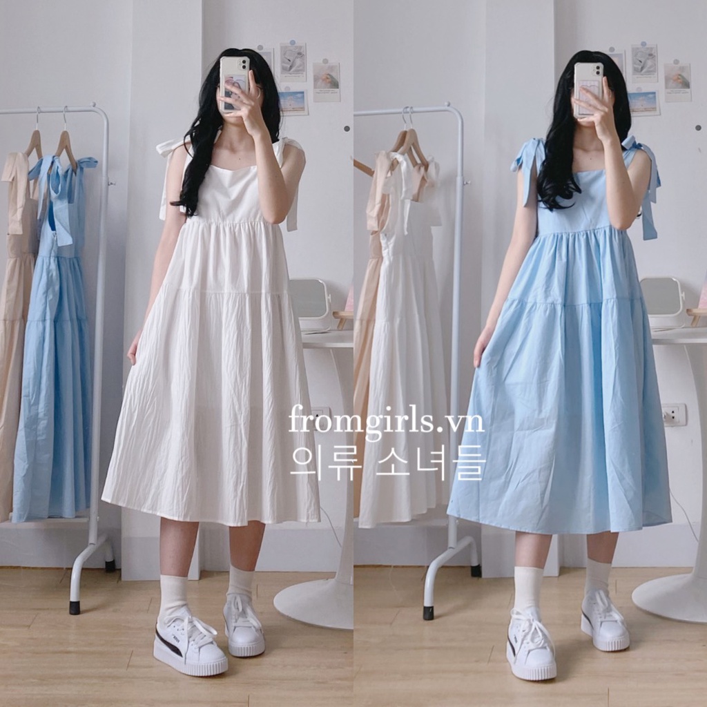 Váy maxi hai dây buộc nơ vai, đầm babydoll đi biển hai dây ulzzang Hàn Quốc - V26FG