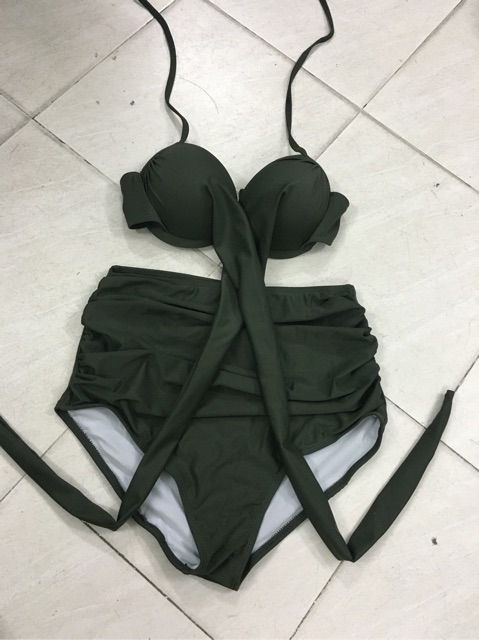 Bikini rêu cạp cao