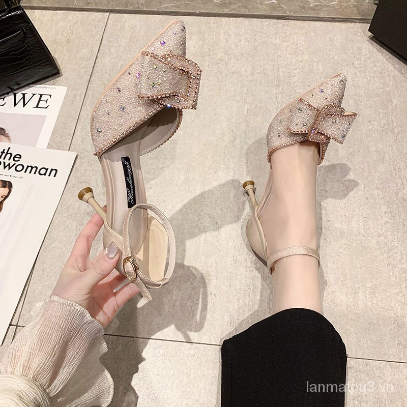 Rhinestone Pointed Toe Heels2021Spring New Bow Ankle-Strap Stilettos Pumps Dress Banquet Wedding Shoes