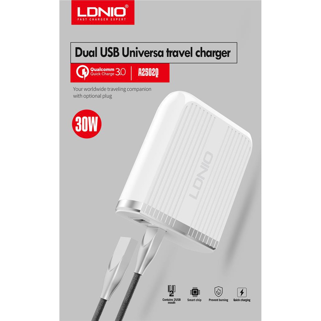 Củ sạc 2 cổng QC 3.0 (Quick Charge 3.0) và USB 2.4A chính hãng LDNIO A2502Q có IC ổn dòng bảo vệ thiết bị