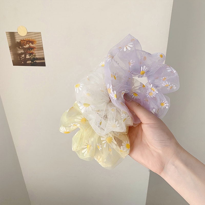 Dây Buộc Tóc Chiffon Co Giãn Phối Lưới Satin In Họa Tiết Hoa Cúc Phong Cách Hàn Quốc Cho Nữ