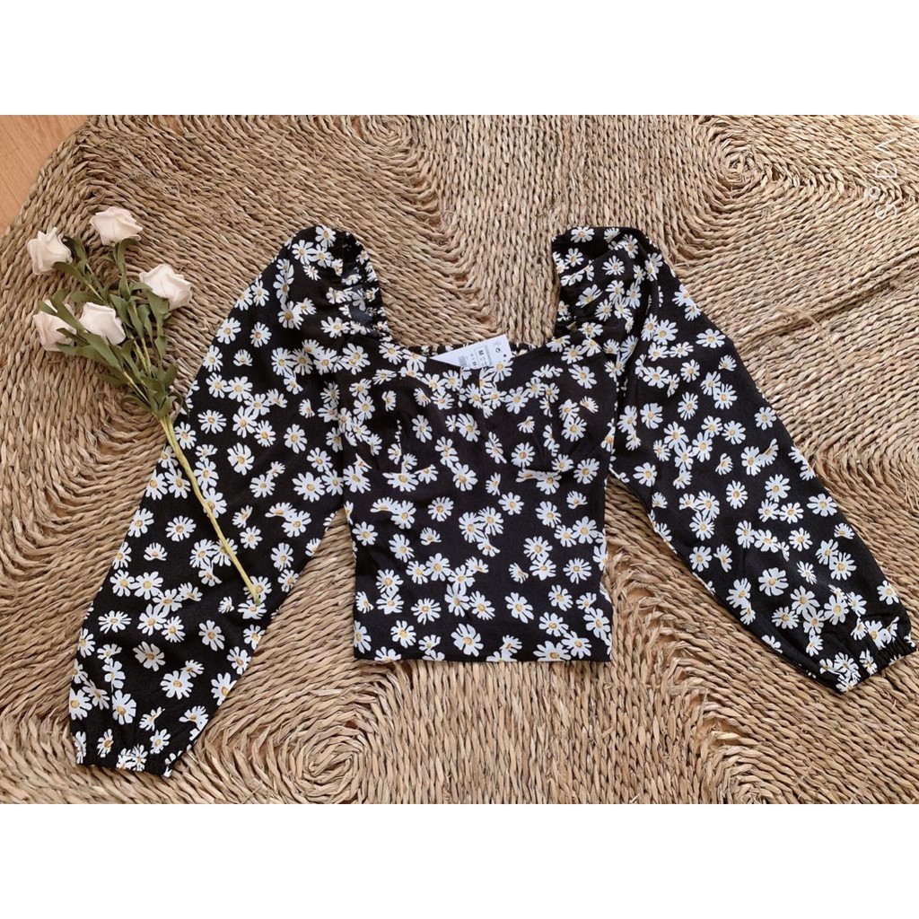 Áo croptop hoa cúc dài tay (sẵn hàng ảnh thật)