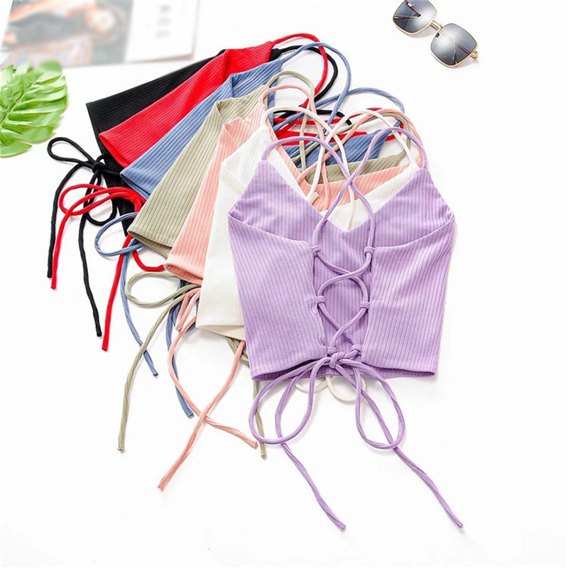 Áo 2 dây dệt kim cổ chữ V màu trơn quyến rũ