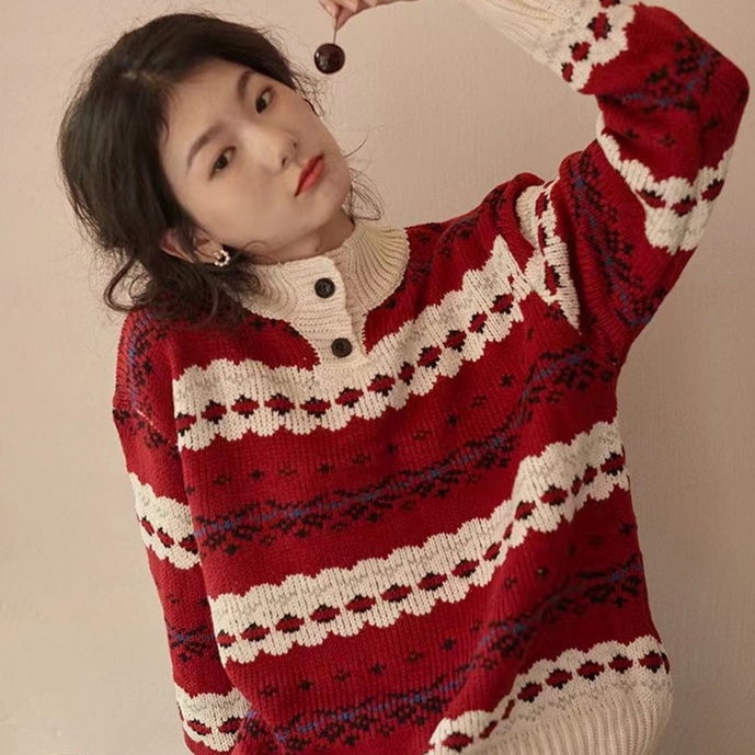 Áo len giáng sinh ZHELIHANGFEI dệt kim màu đỏ cổ tròn tay dài dáng rộng phong cách Nhật Bản