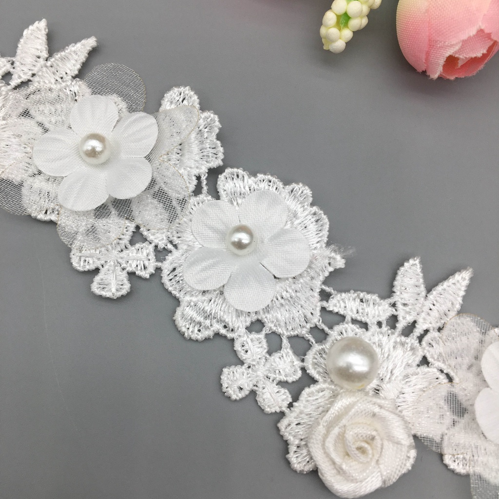 1 Yard Dây Ruy Băng Thêu Hoa Hồng Ngọc Trai Trắng Trang Trí Đám Cưới