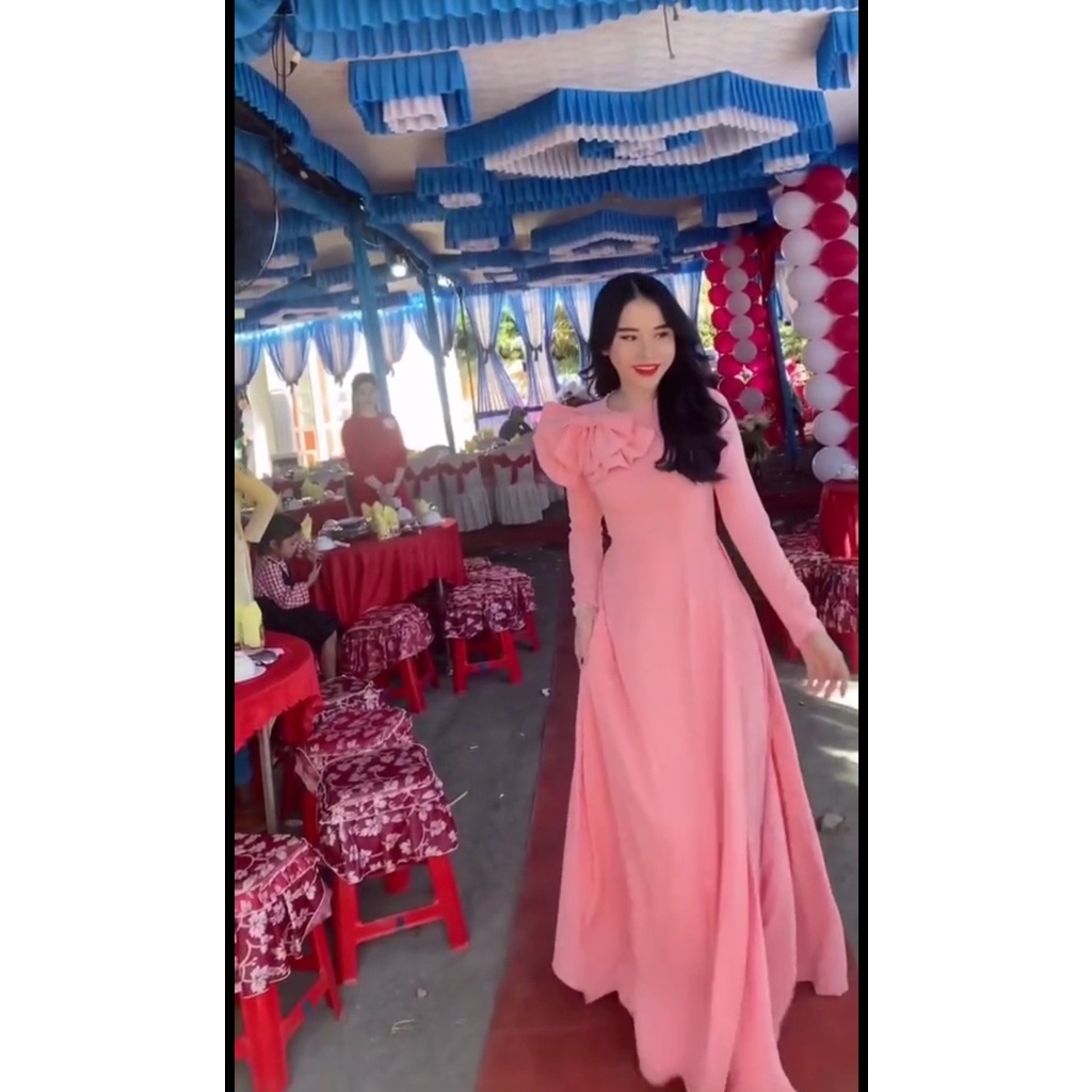 Đủ màu Áo dài màu hồng tay bồng đính nơ tạo điểm nhấn nổi bật - Áo Dài Đan Linh