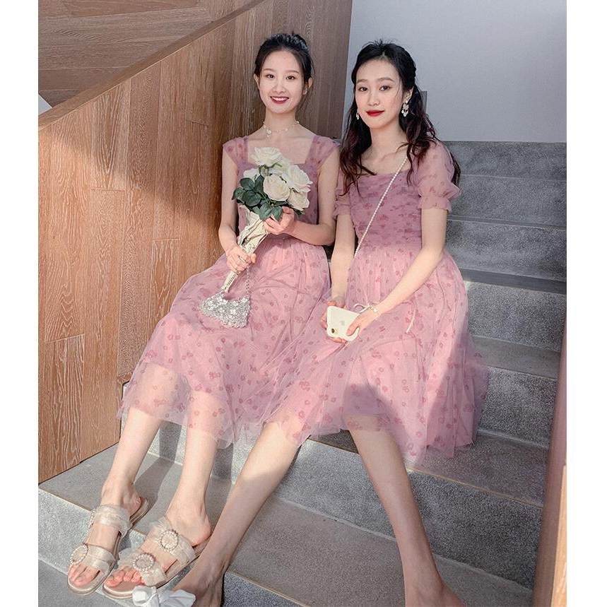 Women Pink Floral Mesh Dress Summer Short-sleeved A-line Dress