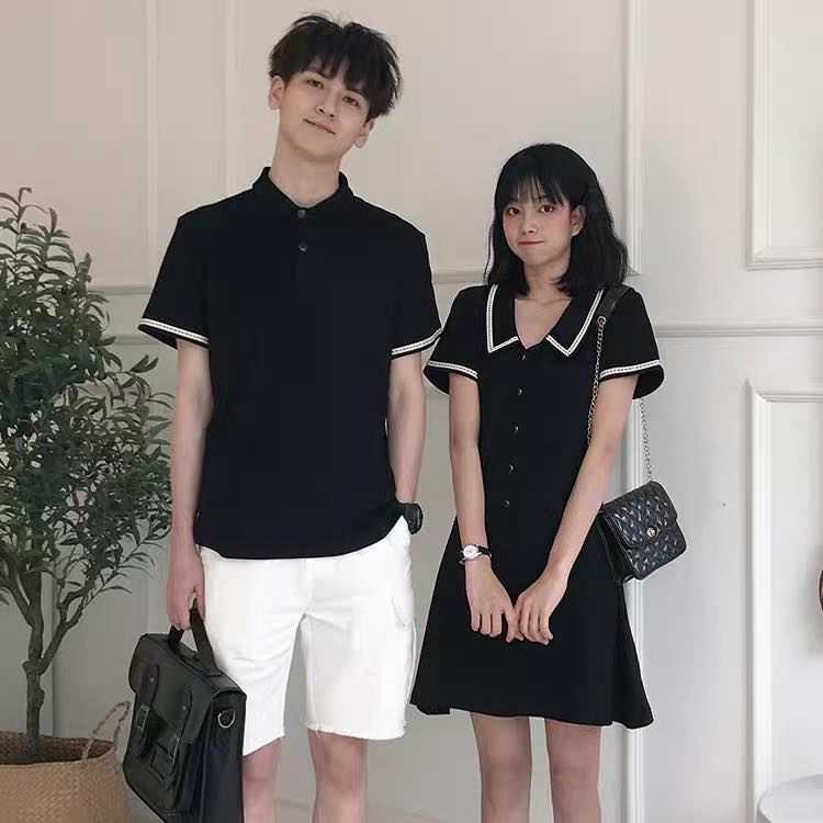 Váy thun đôi đen dáng xòe + Áo thun polo nam