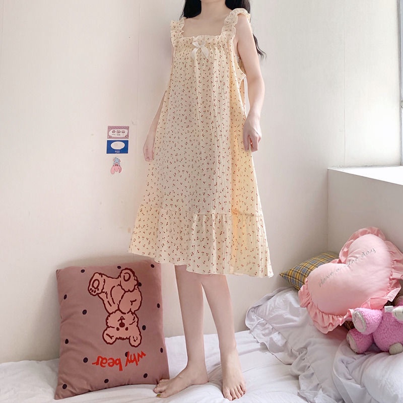 Đầm ngủ hai dây ren dáng dài họa tiết in hình hoa kiểu Pháp mùa hè dành cho nữ