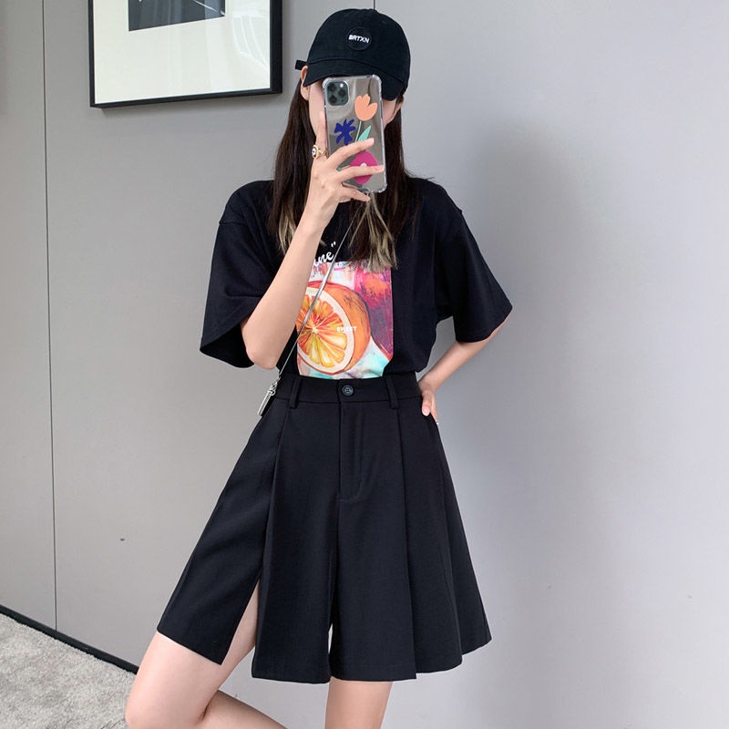 Split shorts women's loose 2022 summer new Korean fashion 100-pleated skirt five-cent suit pants casual pants