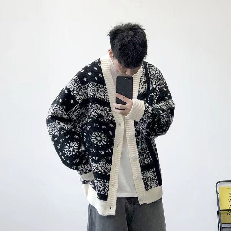 Áo khoác cardigan vải len dệt kim dáng rộng họa tiết hoa phong cách Hàn Quốc dành cho nam