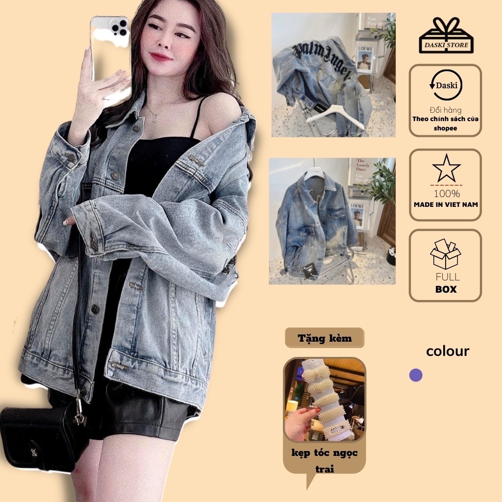 Áo Khoác Nữ Jean UNISEX Form Rộng Nữ - Áo khoác bò form rộng suông Daski in chữ Palm angels