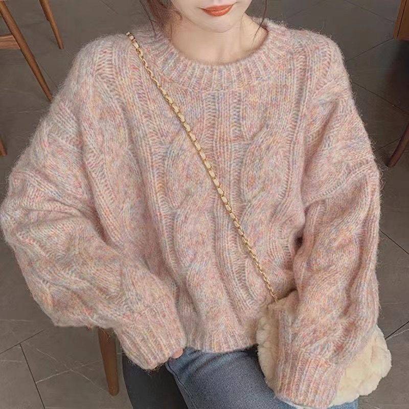Áo Sweater Dệt Kim Chui Đầu Dáng Rộng Màu Hồng Dễ Thương