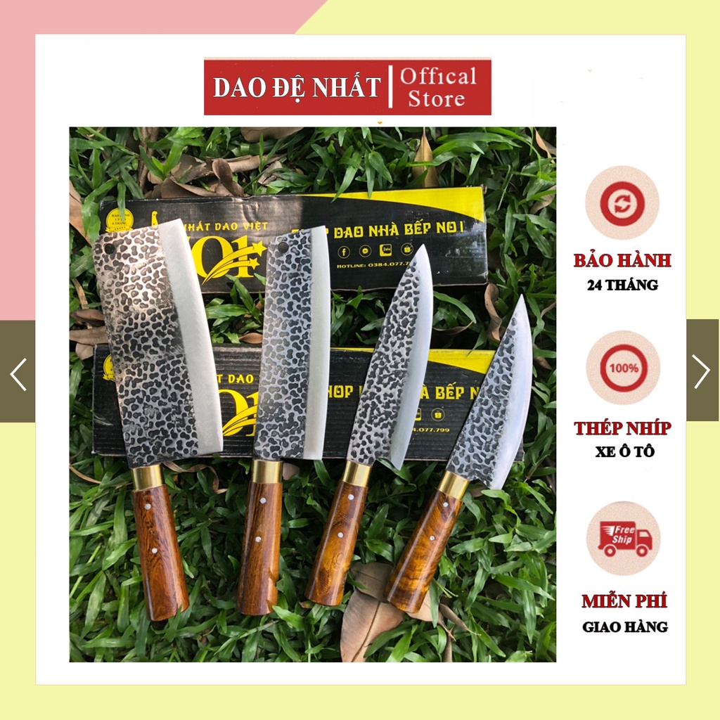 Dao bếp, bộ 4 dao nhà bếp cao cấp được rèn thủ công từ nhíp xe ô tô cán gỗ chuyên dùng chặt xương thái rau củ quả