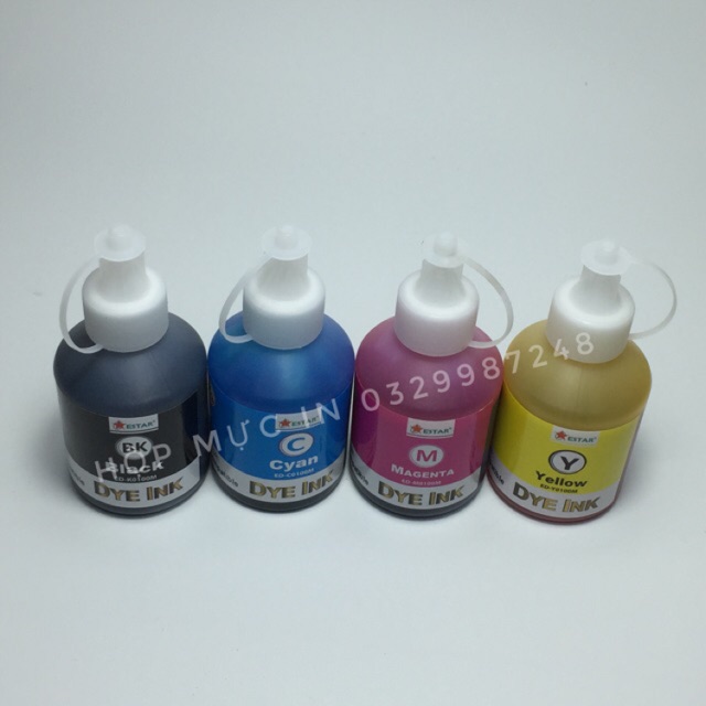 Mực nước cho máy in phun Canon, HP 100ml | Mực Estar bộ 4 màu xanh đen đỏ vàng