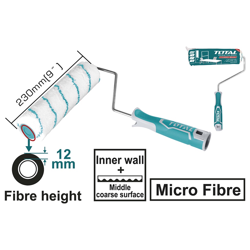 Cọ lăn sơn hình trụ TOTAL THT8592 9 inch, bông lăn siêu mịn sợi Micro Fibre 12mm bền chắc tay cầm nhựa ABS linh hoạt