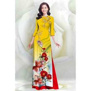 SÉT ÁO DÀI LỤA TRUYỀN THỐNG IN HOA SỨ QUẠT 4D