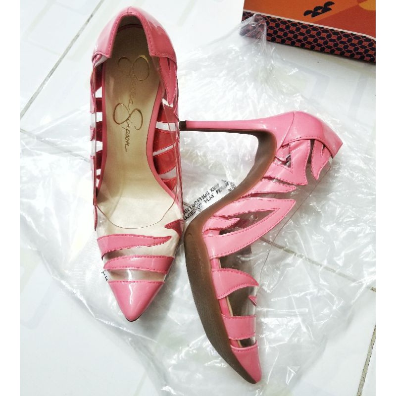 Giày cao gót hãng JESSICA SIMPSON da bóng màu hồng dâu phối silicone trong suốt 10cm size 37