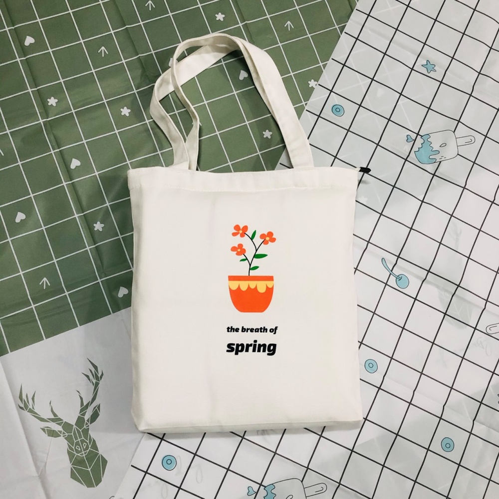 Túi tote vải canvas in hình Chậu hoa có khóa miệng đựng đồ tiện dụng