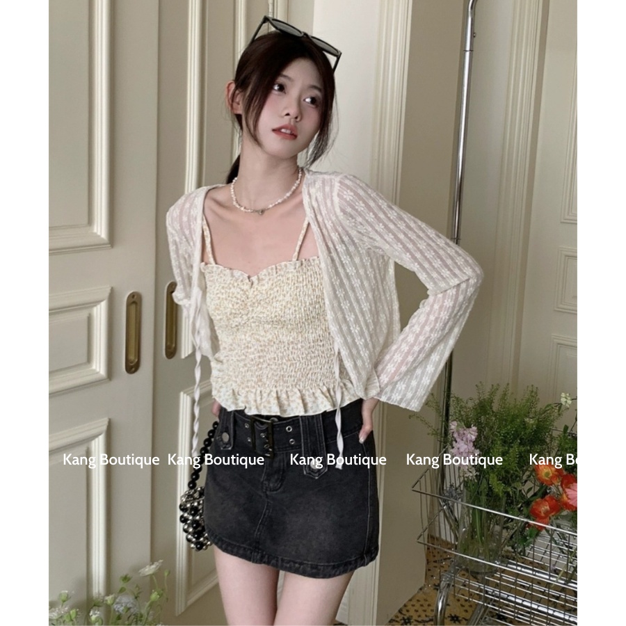 Áo khoác cardigan chất tơ mỏng mềm mịn kèm áo 2 dây dúm ngực co dãn hoa nhí UlZZANG Kang Boutique Mã SE001