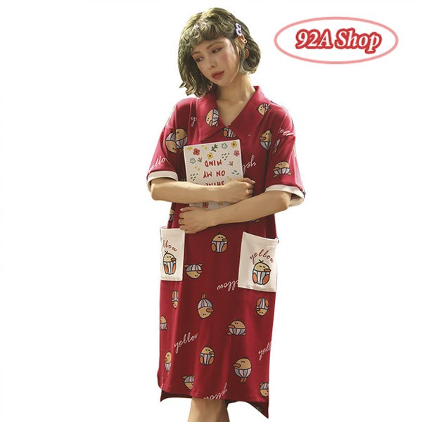 VÁY ĐẦM NGỦ COTTON VANG ĐỎ CÓ CỔ #03