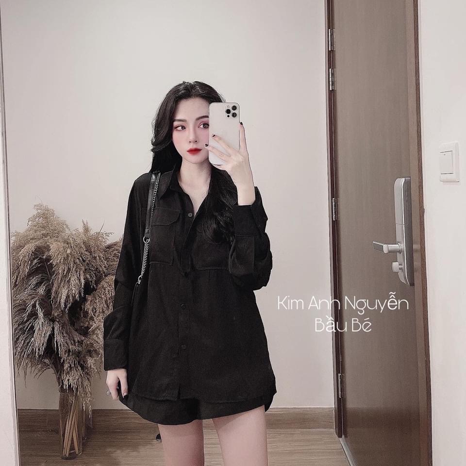 Áo sơ mi nữ dài tay phom rộng 2 túi hộp nhiều màu cá tính
