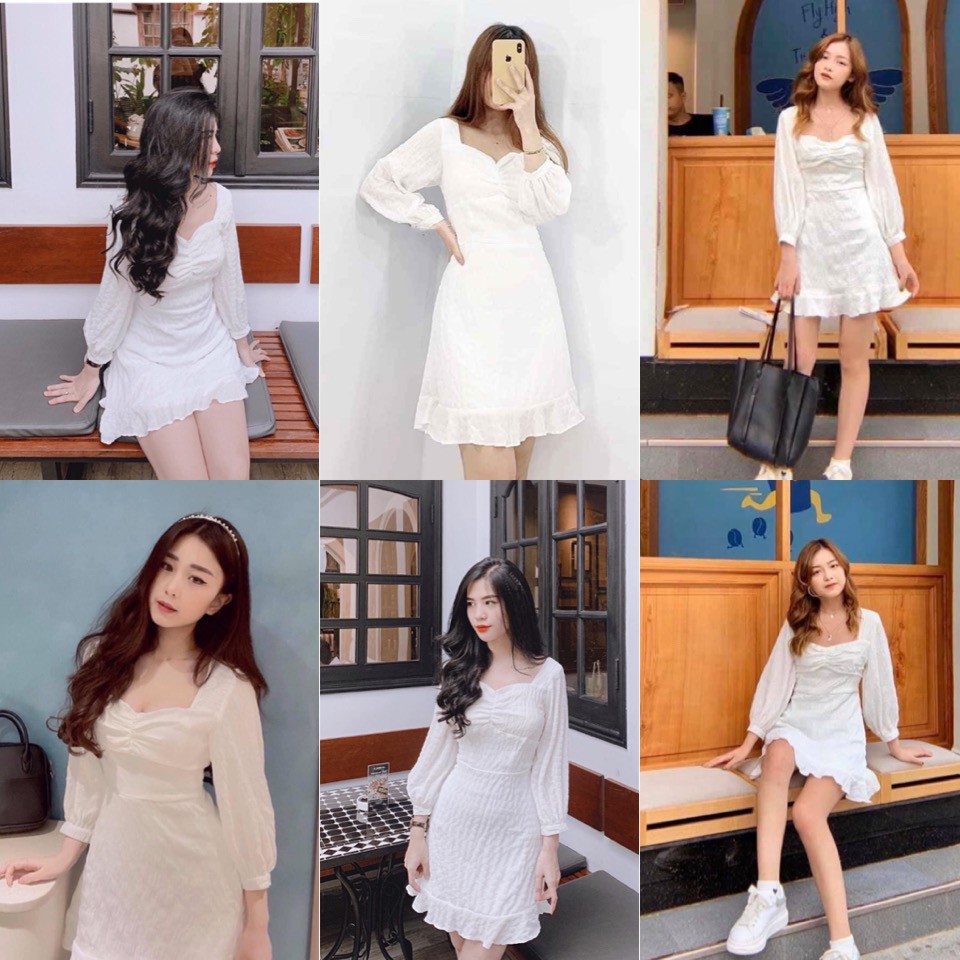 Đầm trắng xinh Lemarr dress tay dài from chuẩn vây cổ vuông kết hợp phần dúm ngực diêu xinh tay bồng ( kèm ảnh thật )