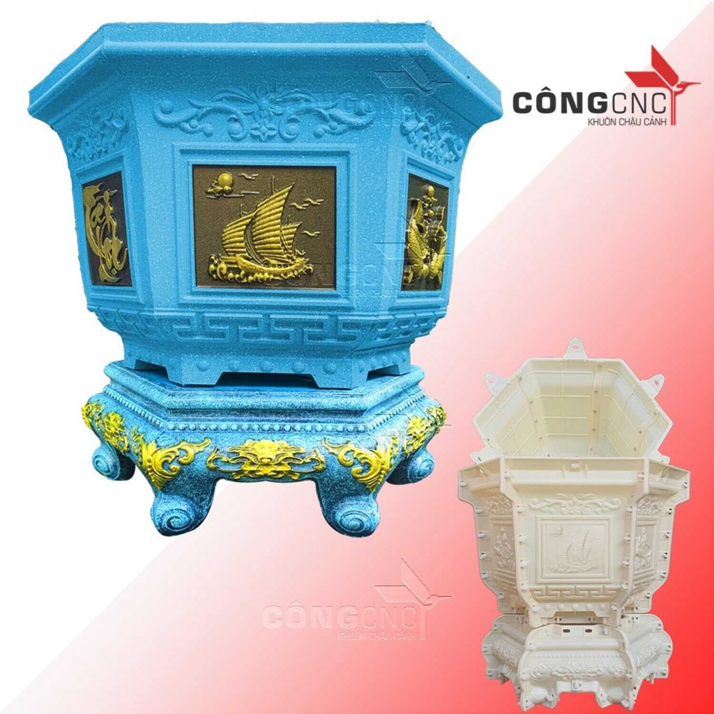 Khuôn Chậu Cảnh ABS Lục Giác 60 Sen - Phúc Lộc Thọ- Cá Chép- Tài Lộc + Khuôn Chân Đôn Kỷ đổ úp đáy 60 - LG60SPLTDK