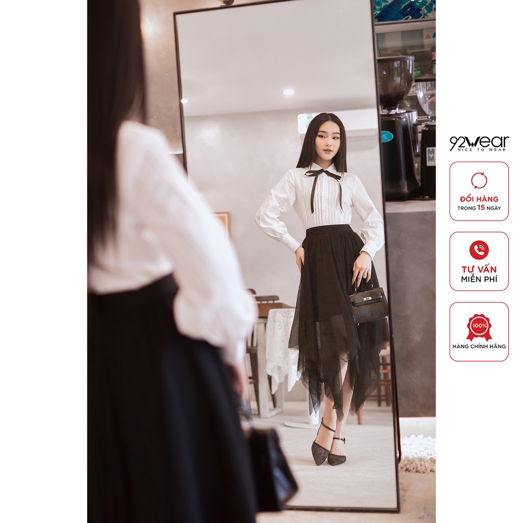 Áo sơ mi nữ dài tay 92WEAR, thiết kế cổ vuông thắt nơ nữ tính, điệu đà ASA2209
