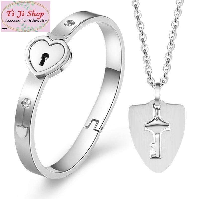 [ Khắc theo yêu cầu ] Bộ dây chuyền vòng tay cặp đôi ổ khóa chìa khóa