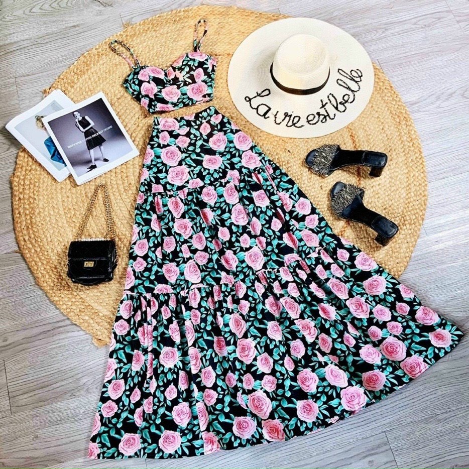 [8.8 Sales Freeship] Set váy maxi hoa đi biển nhiều màu sắc, áo 2 dây hoa có mút + chân váy dài đuôi cá xòe siêu xinh