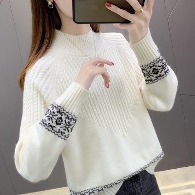 Áo sweater cổ lọ dáng rộng size lớn phối họa tiết kiểu dáng hàn quốc mùa đông dành cho nữ